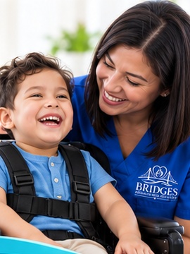 Caregiver supporting a smiling child who uses a wheelchair
